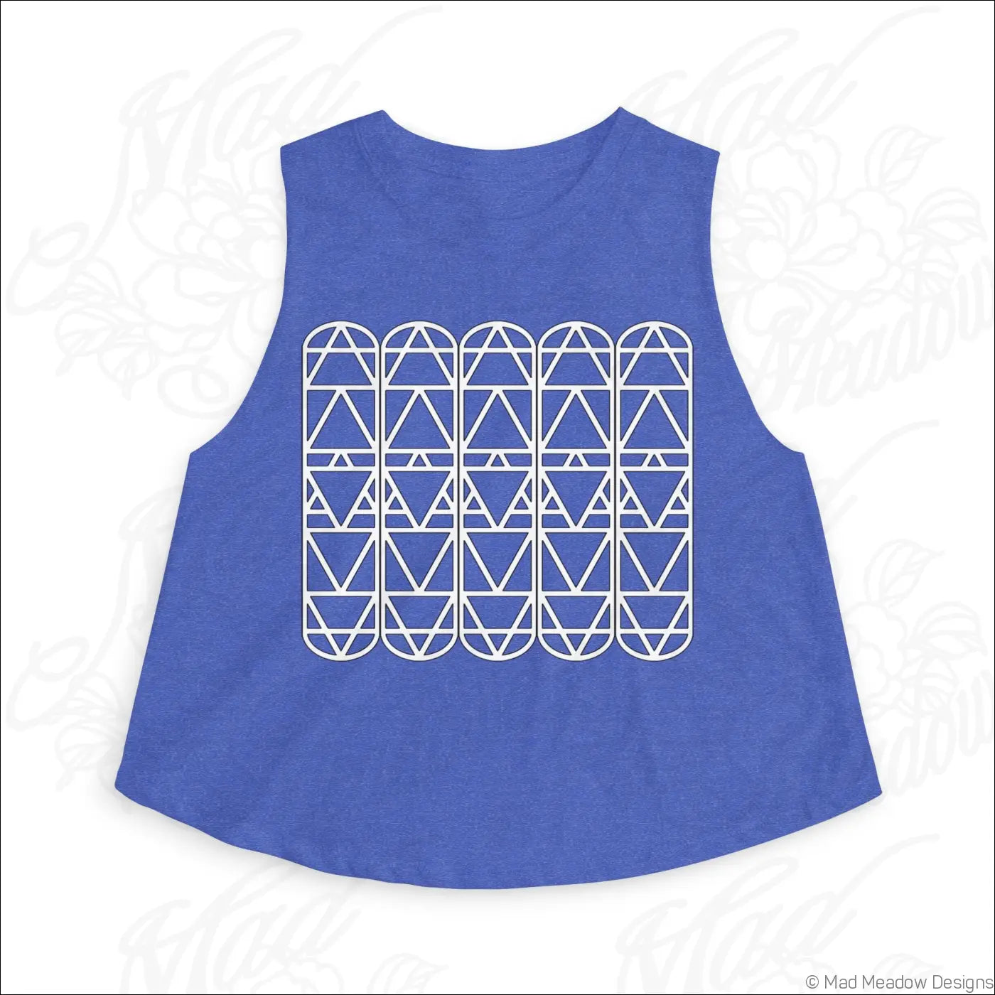 Blue sleeveless crop top with white geometric arch pattern and raw sleeve edges for minimalist summer style