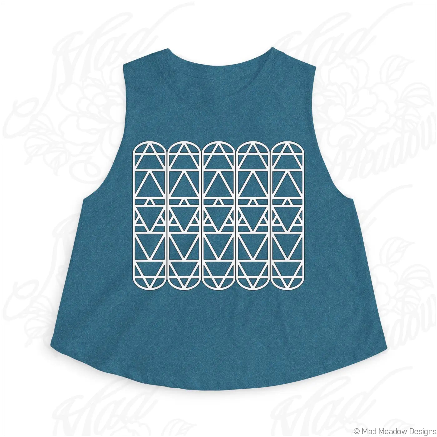 Teal sleeveless crop top with white geometric arch pattern and raw sleeve edges for minimalist summer style