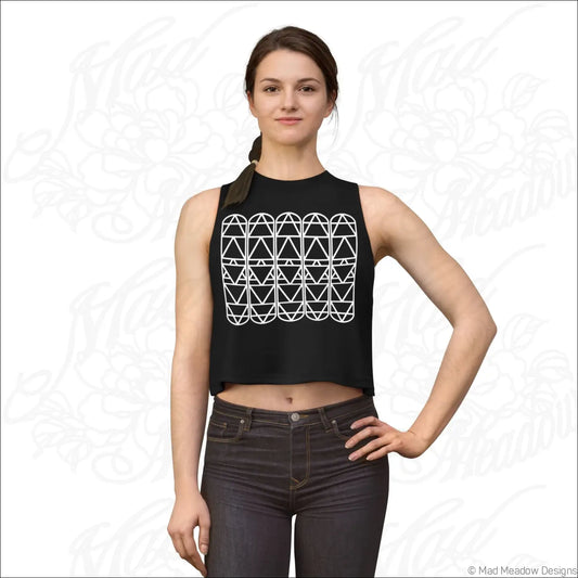 Black sleeveless crop top with white geometric triangle pattern and raw sleeve edges perfect for summer wear