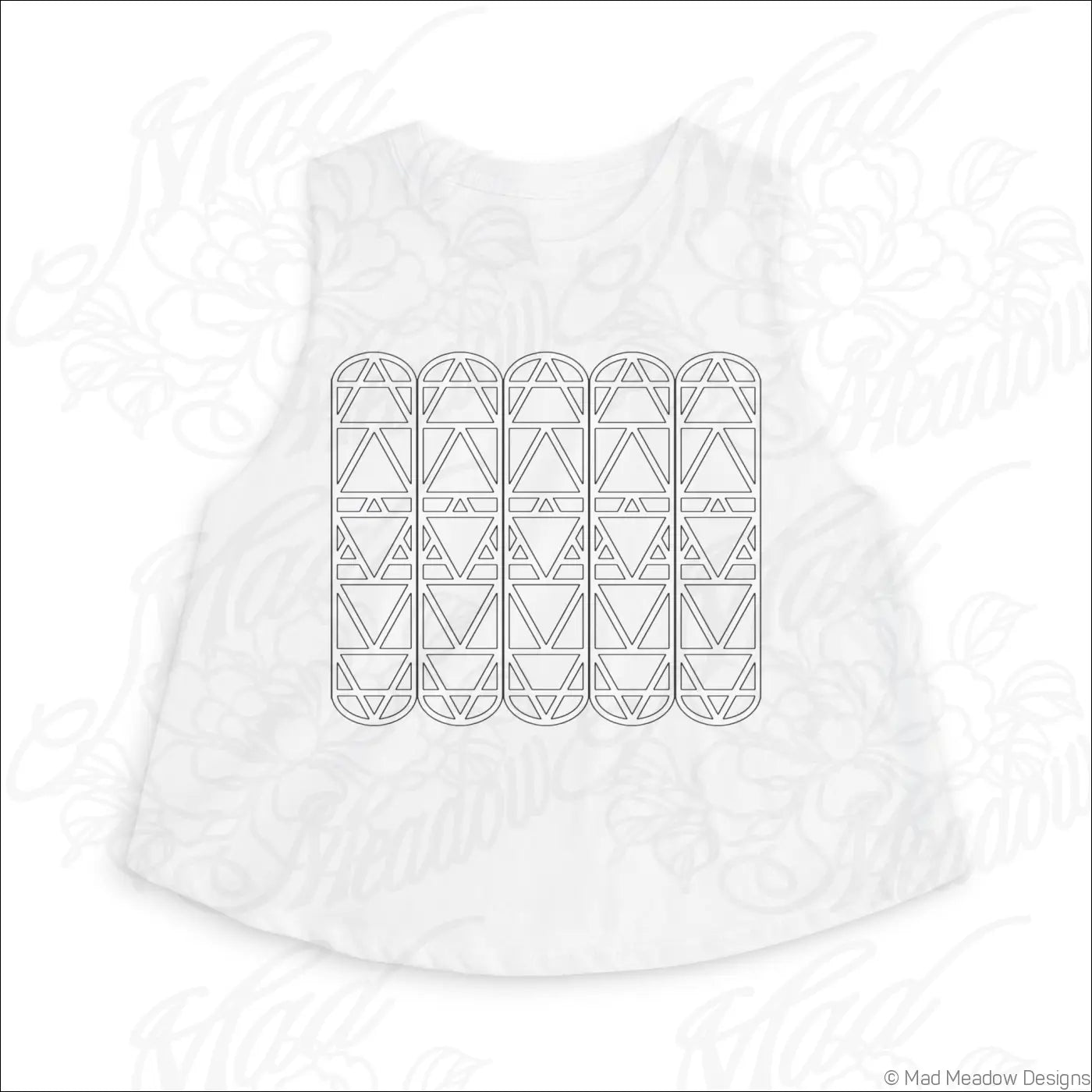 White sleeveless crop top with geometric arch pattern and raw sleeve edges perfect for minimalist summer style