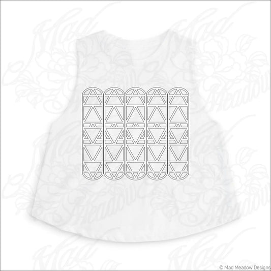 White sleeveless crop top with geometric arch pattern and raw sleeve edges perfect for minimalist summer style