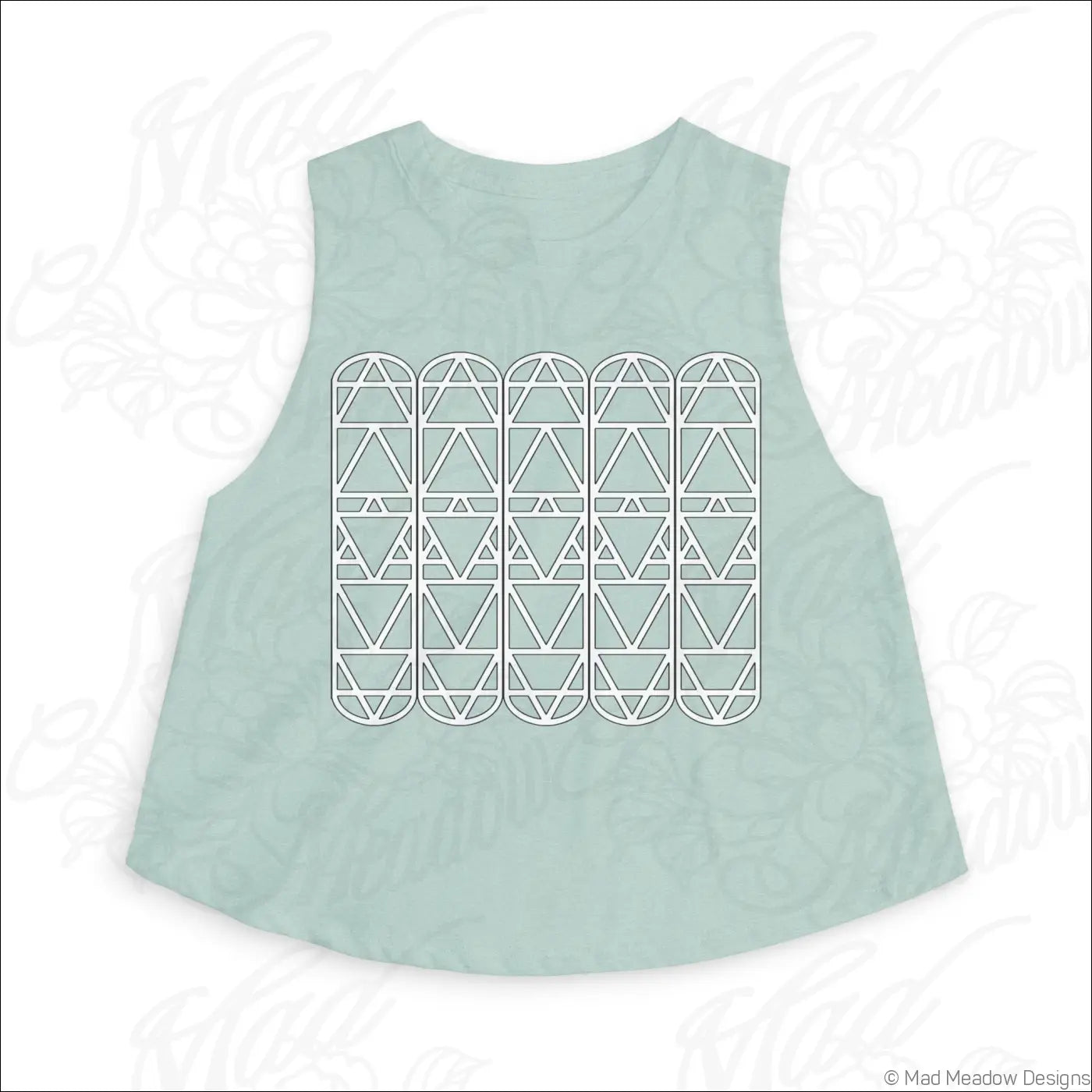 A light mint green geometric arch pattern crop top with raw sleeve edges perfect for minimalist summer style