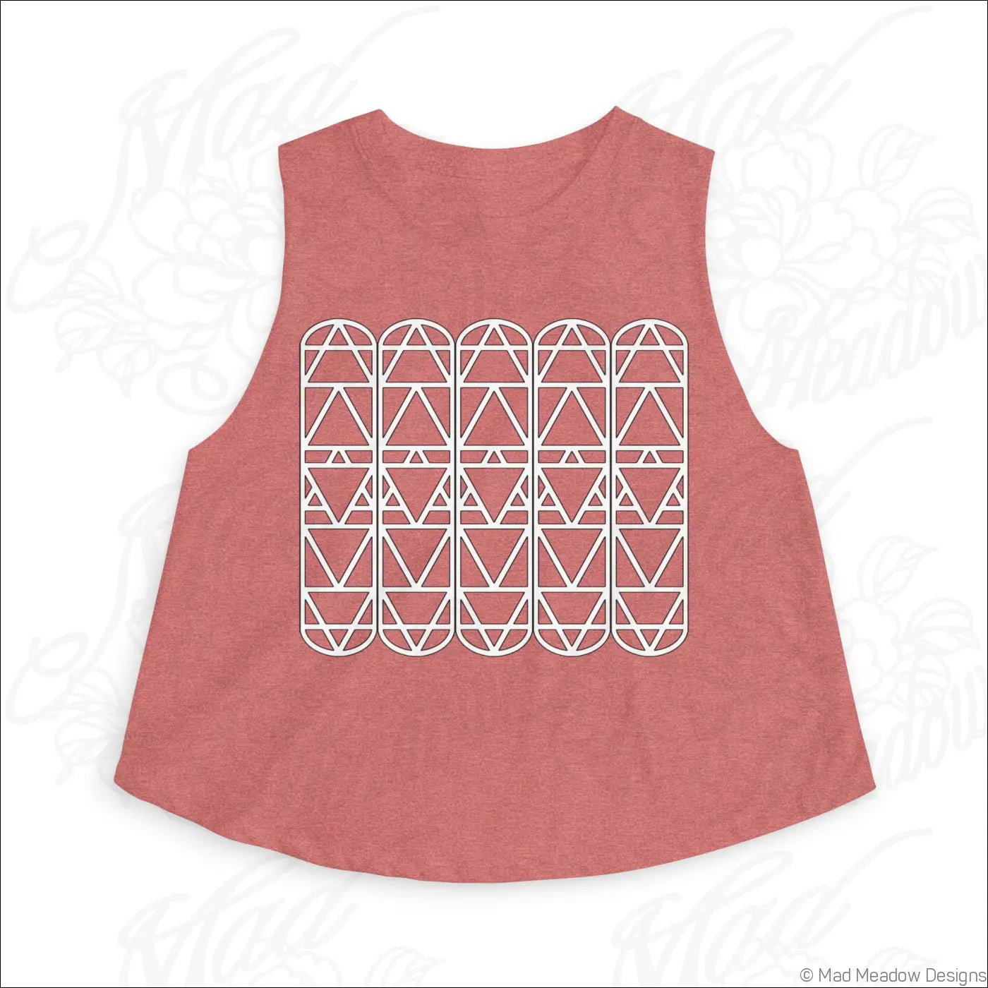 A soft pink geometric arch pattern crop top with bold white design and raw sleeve edges for summer wear