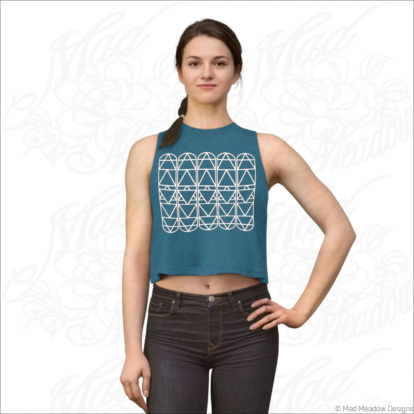 Teal geometric arch pattern crop top with raw sleeve edges featuring white triangle design perfect for summer wear