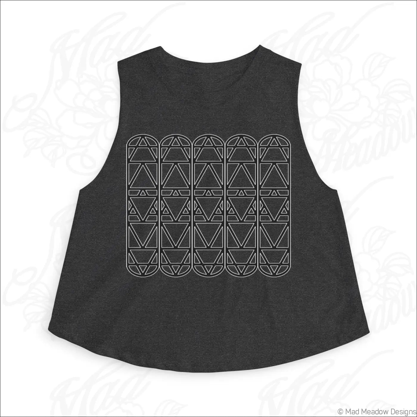 Dark heather gray sleeveless crop top with white geometric lines on back made of soft combed ring spun cotton