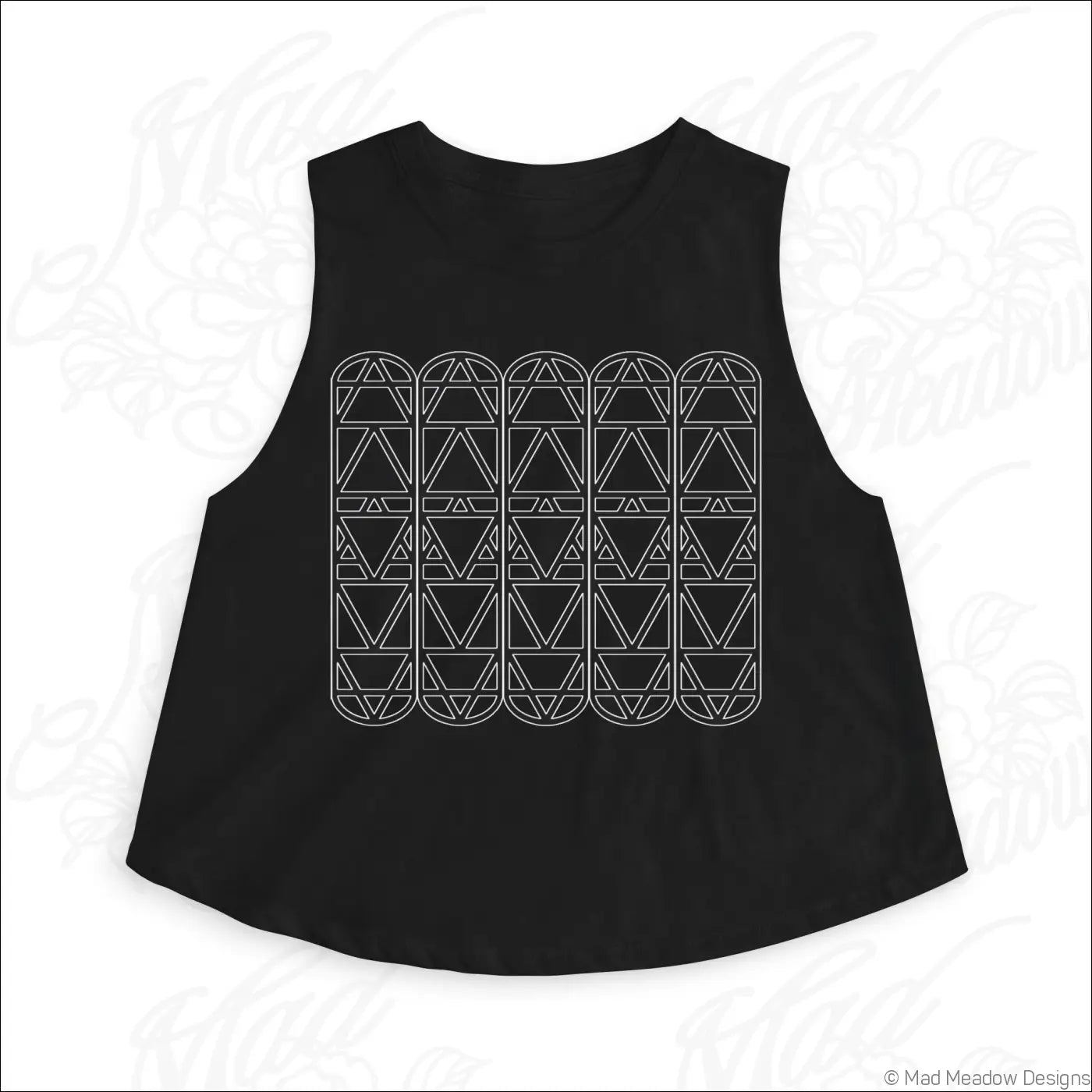 Black sleeveless crop top with white geometric triangular pattern made from soft combed ring spun cotton