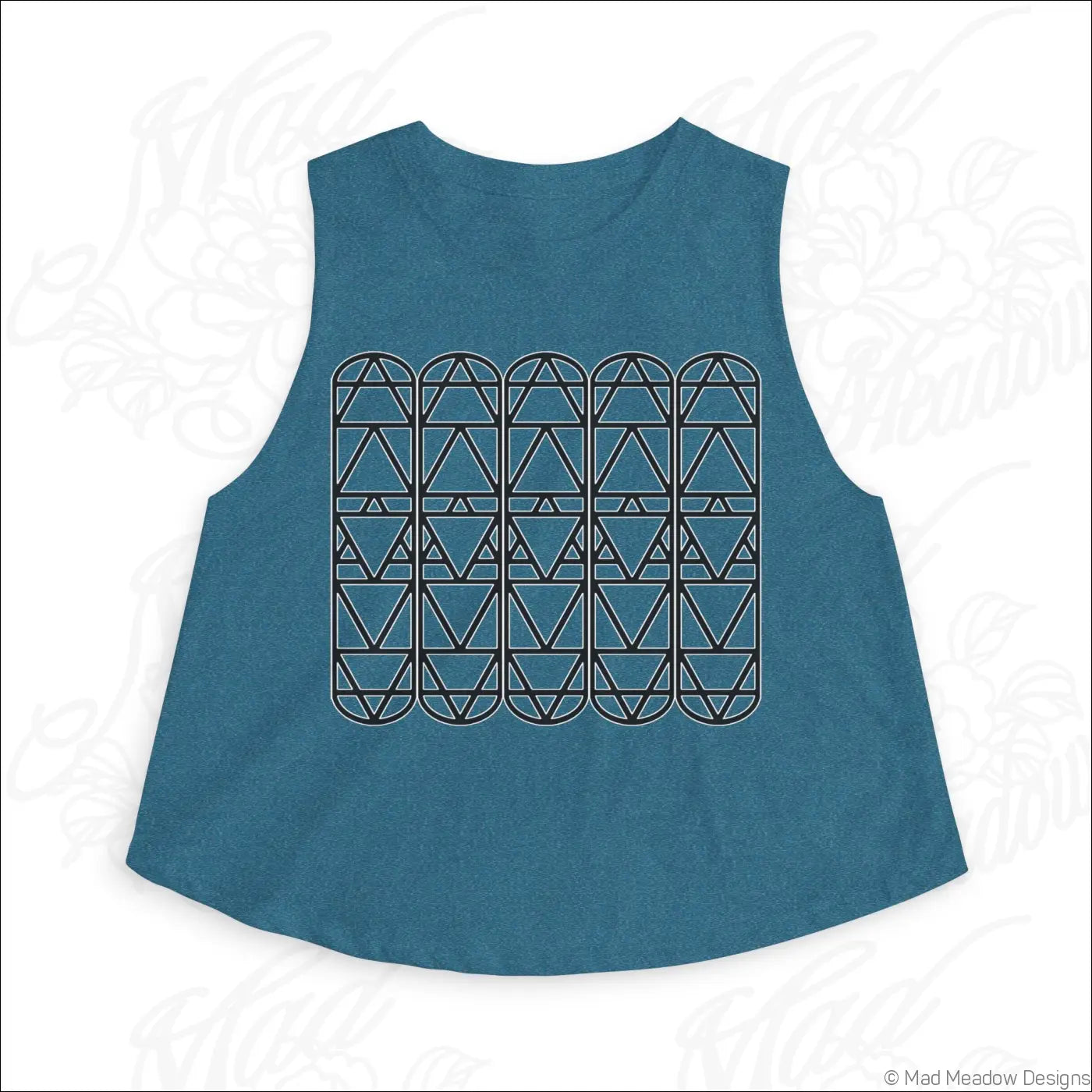 Teal sleeveless crop top with black geometric triangle pattern made from soft combed ring-spun cotton for women
