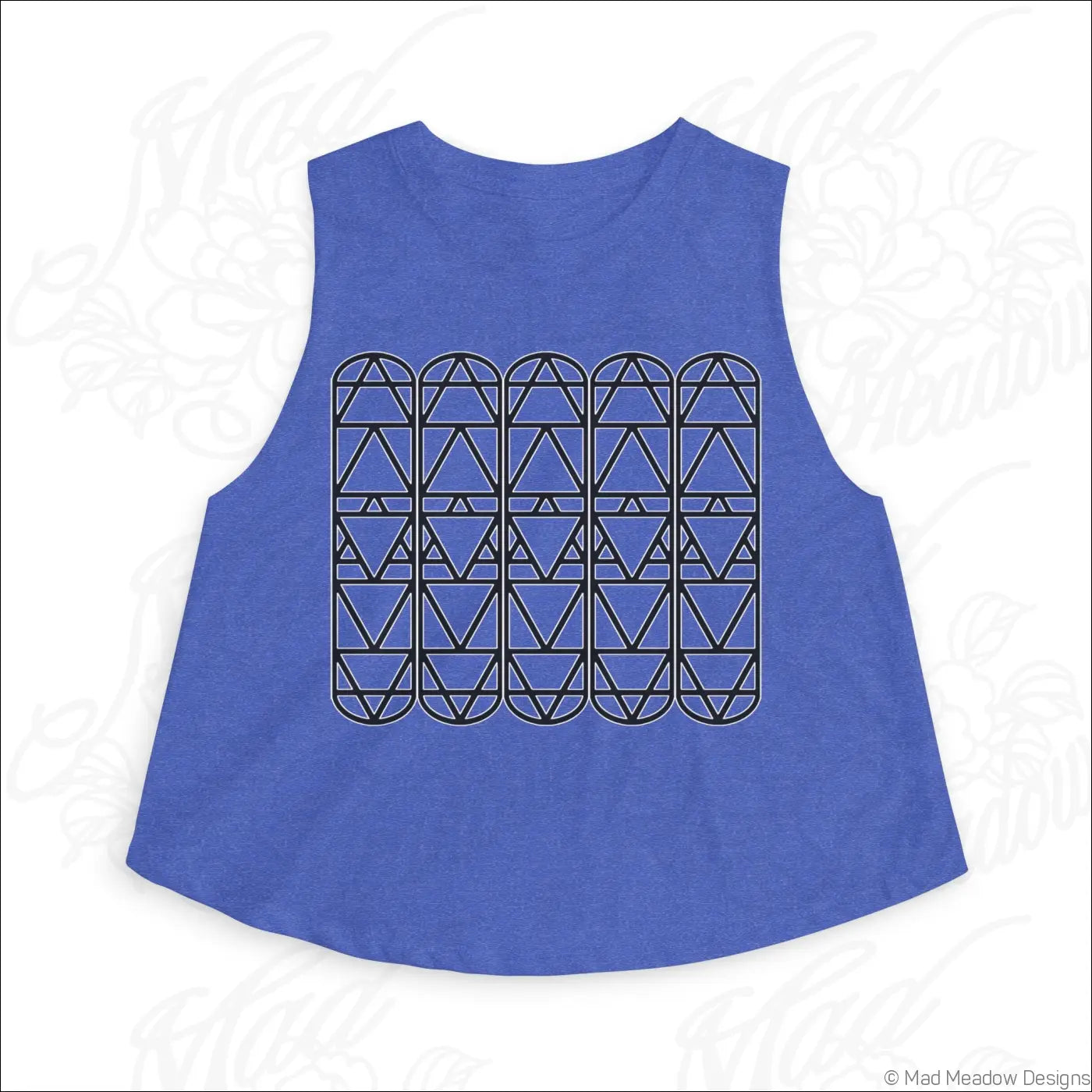 Blue sleeveless crop top with black geometric triangle pattern made from soft combed ring-spun cotton for women
