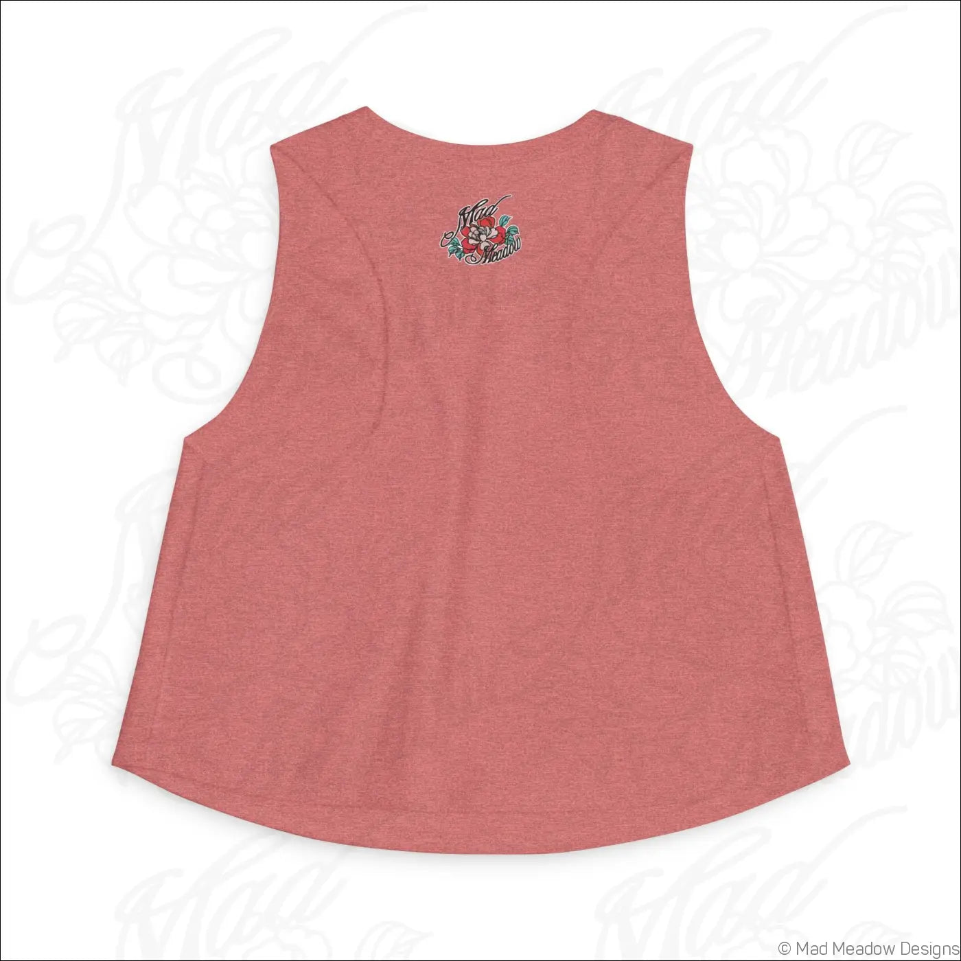 A soft coral sleeveless crop top with subtle heathered texture and floral embroidery made of combed ring-spun cotton