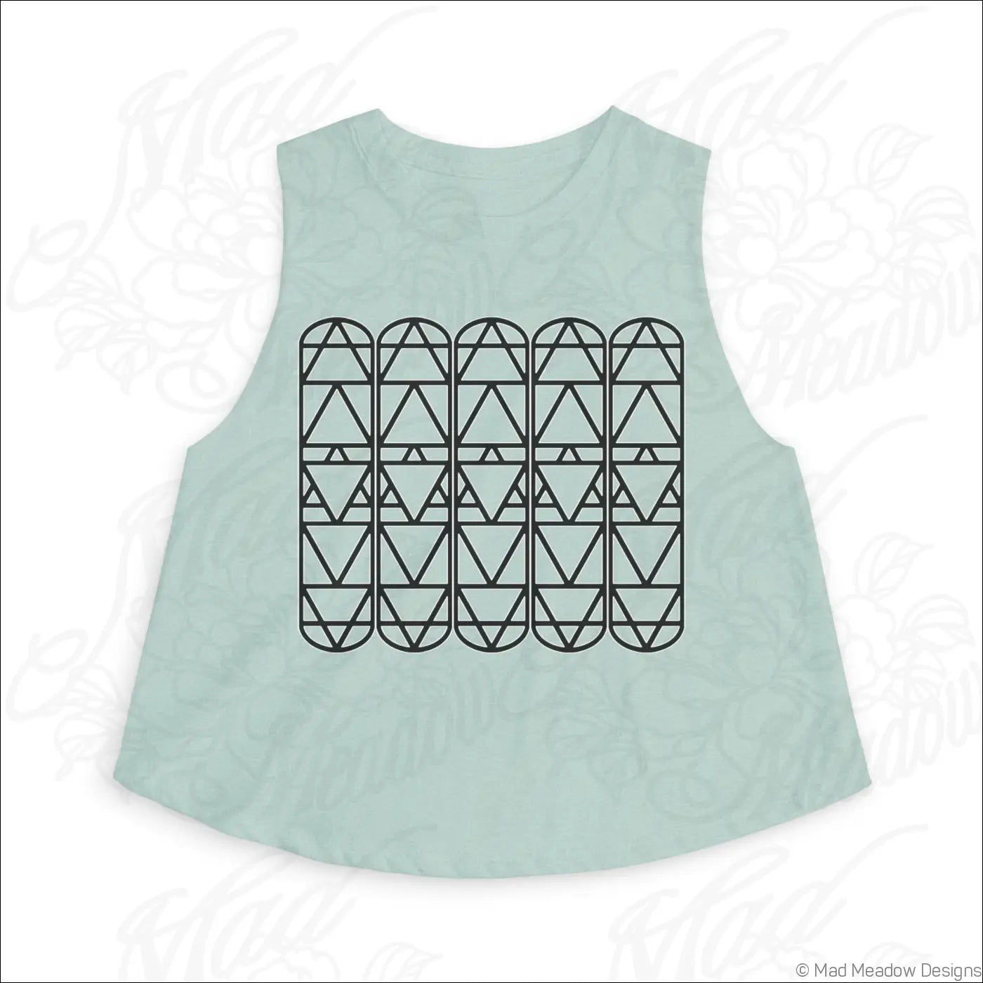 Light mint green sleeveless geometric grid crop top with black triangle pattern made from combed ring spun cotton