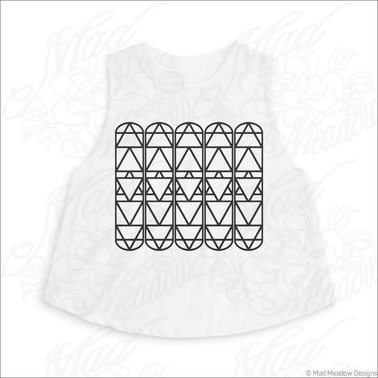 White sleeveless crop top with bold black geometric triangles in five columns made of combed ring spun cotton