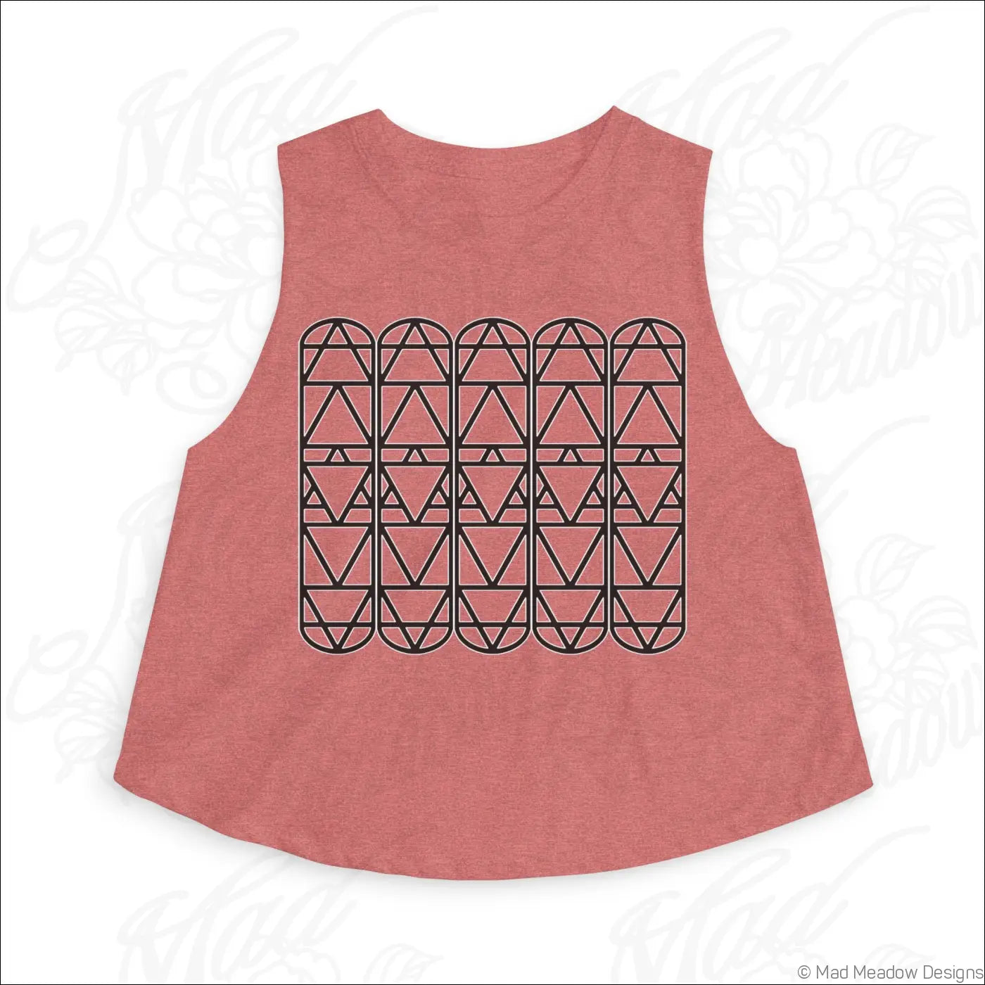Soft pink sleeveless crop top with bold black geometric grid pattern on back made from combed ring spun cotton