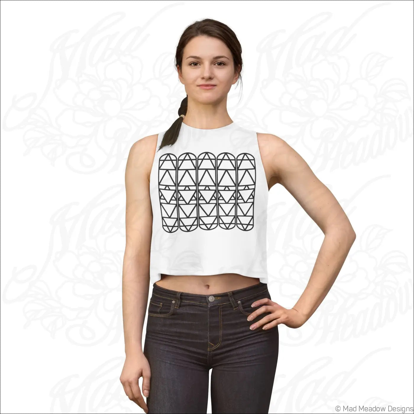 White sleeveless crop top with black geometric triangle pattern made of combed ring spun cotton for women