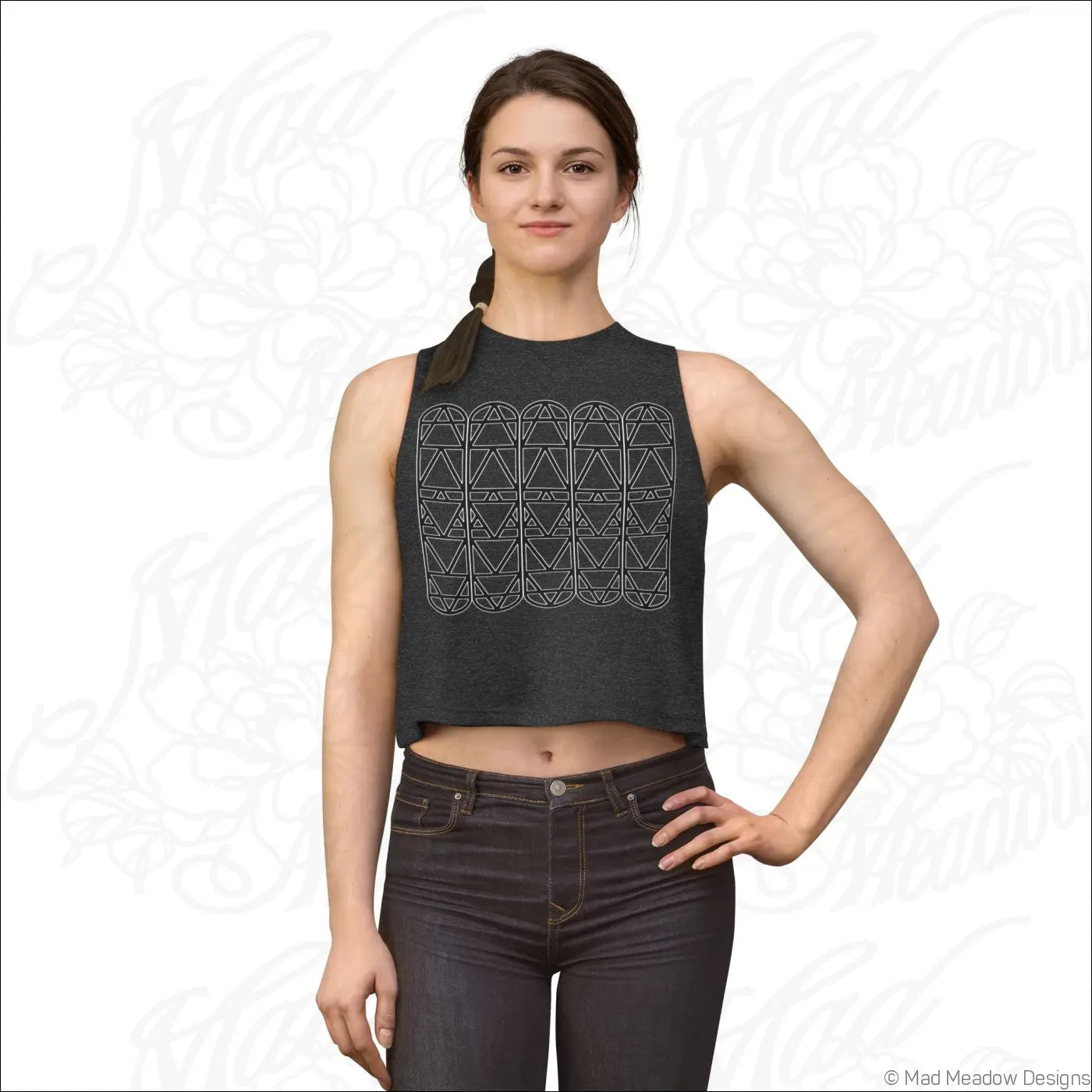 Dark gray sleeveless crop top with white geometric triangle pattern made from soft combed ring spun cotton