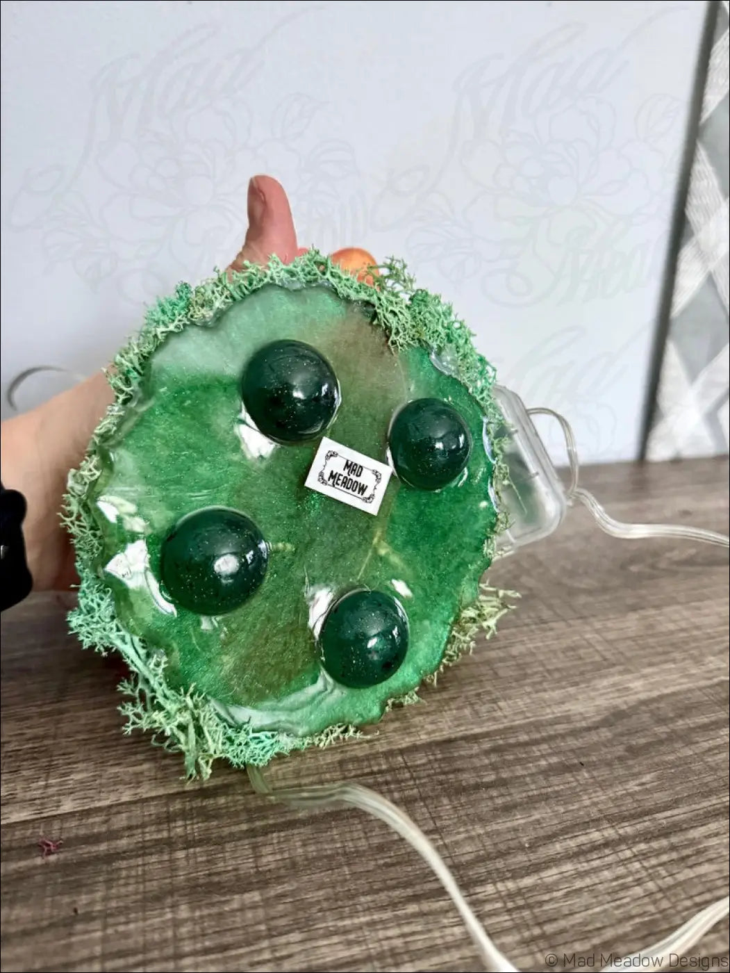 Green glass lamp base with mossy texture and dark green accents for giant pink and gold snail moss light rgb usb or battery
