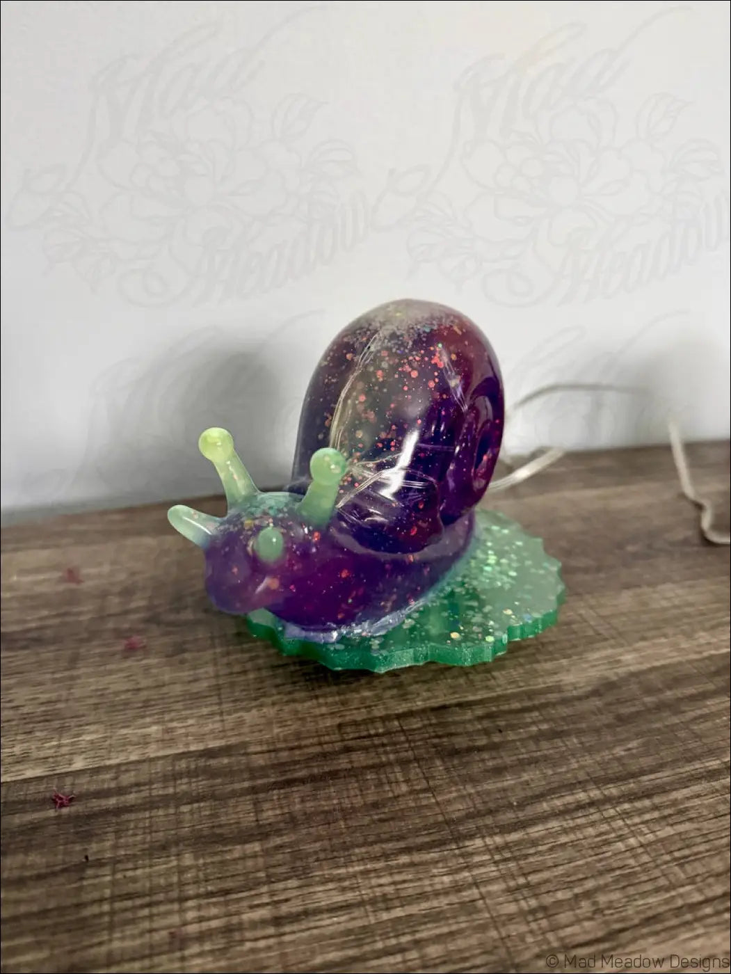 Giant purple snail light rgb usb or battery with translucent purple and green glittery body and glossy shell