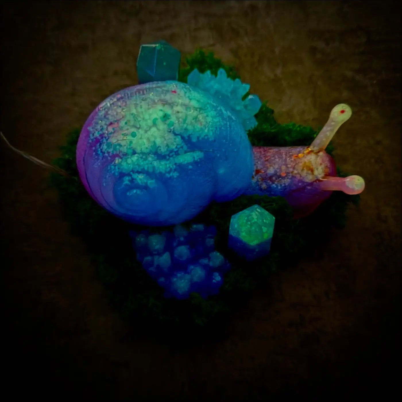 Giant snail resin figurine glowing blue and purple with embedded glittery crystals usb or battery light
