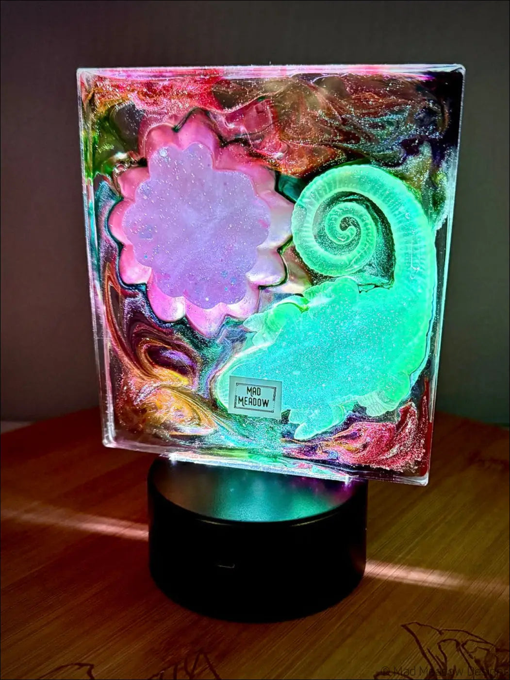 Glowing Chameleon and Vibrant Fuscia and Gold Flower RGB Color Change Night Light - Light