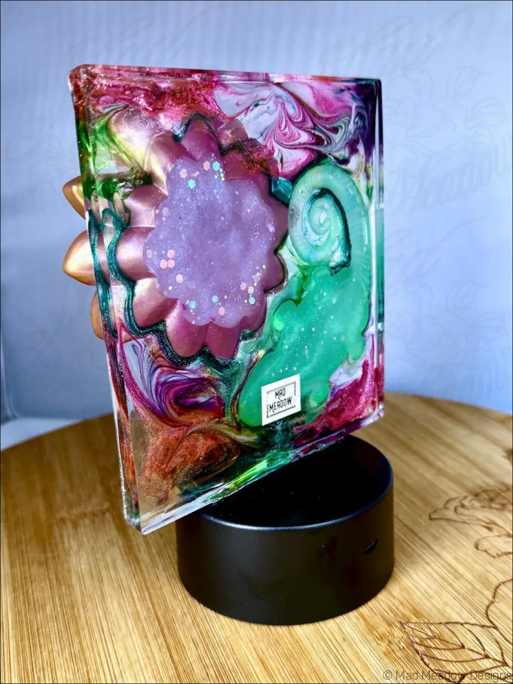 Glowing Chameleon and Vibrant Fuscia and Gold Flower RGB Color Change Night Light - Light
