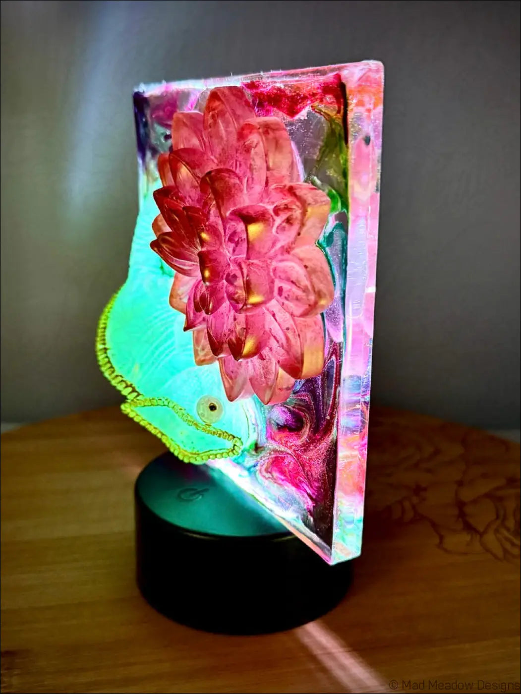 Glowing Chameleon and Vibrant Fuscia and Gold Flower RGB Color Change Night Light - Light
