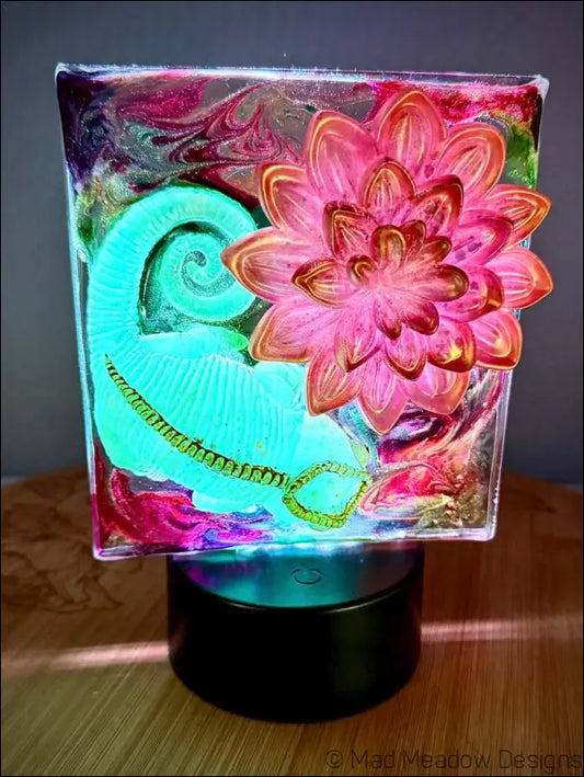 Glowing Chameleon and Vibrant Fuscia and Gold Flower RGB Color Change Night Light - Light