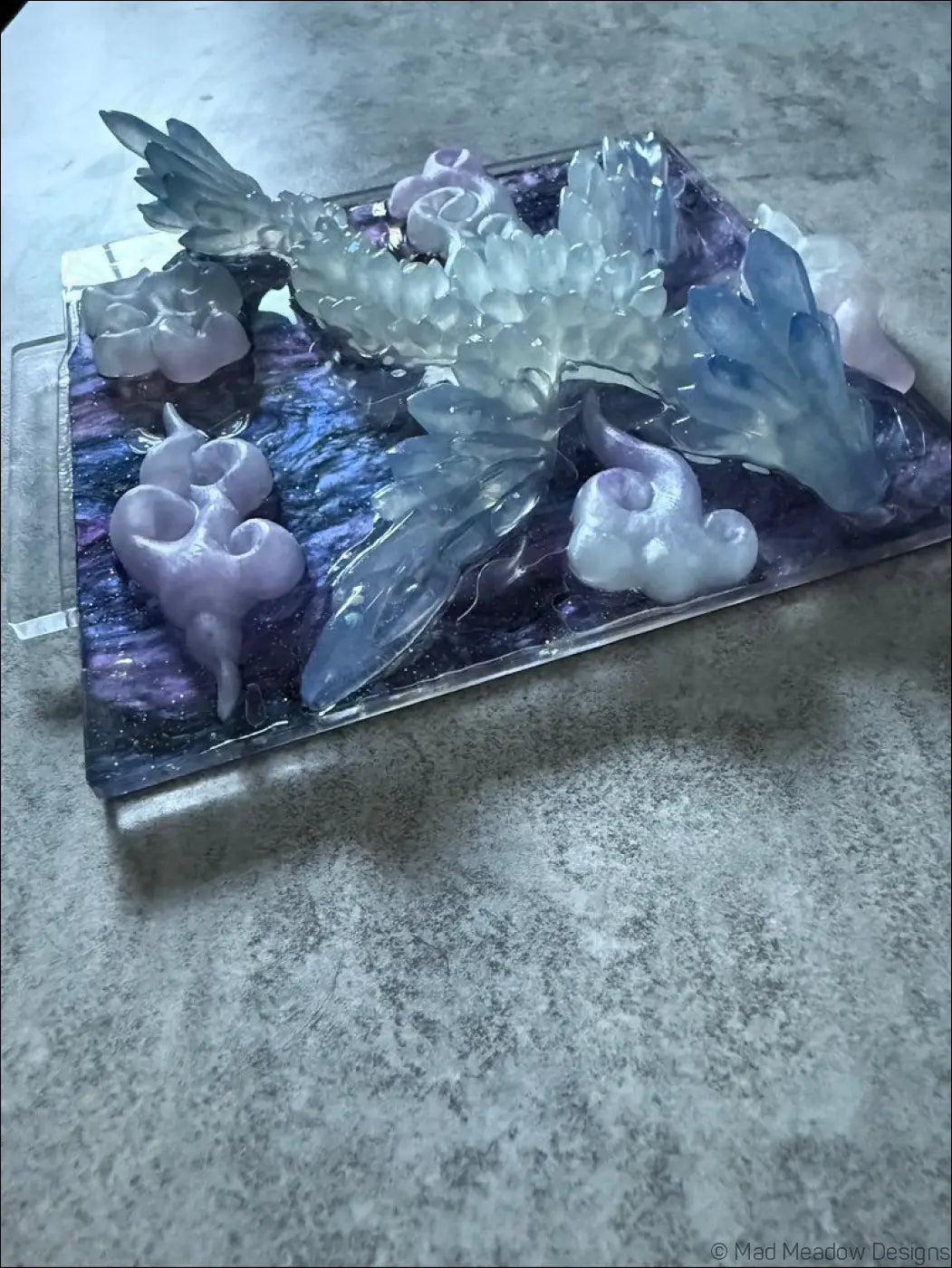 Glowing Resin Phoenix Sculpture with Night Sky and Purple Dragon Lighting - Light