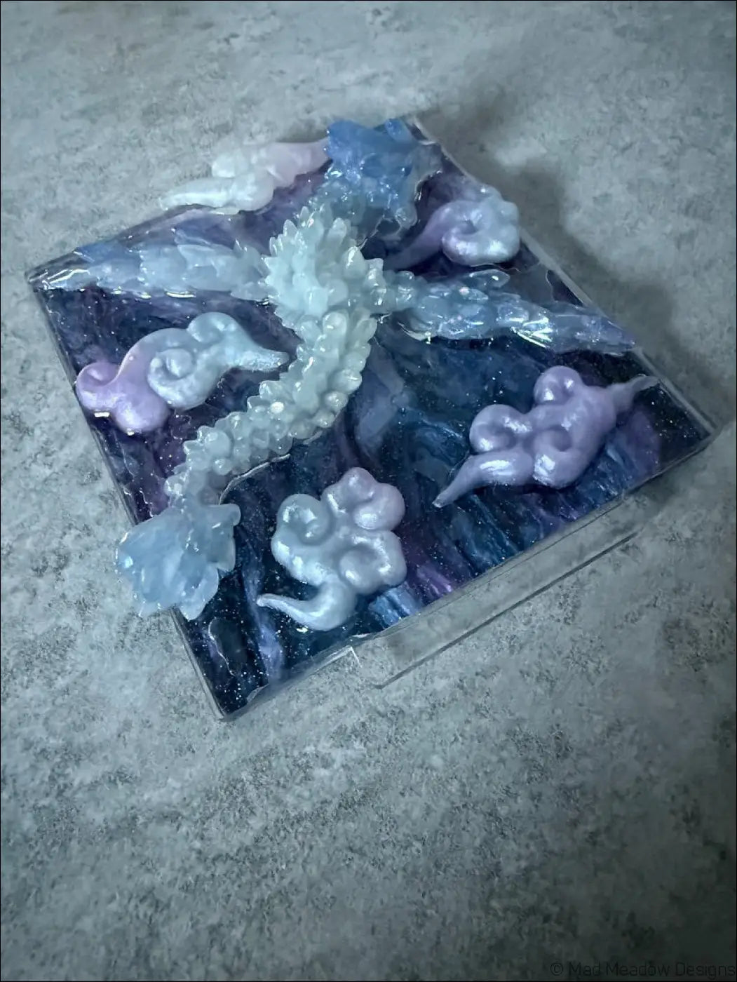 Glowing Resin Phoenix Sculpture with Night Sky and Purple Dragon Lighting - Light
