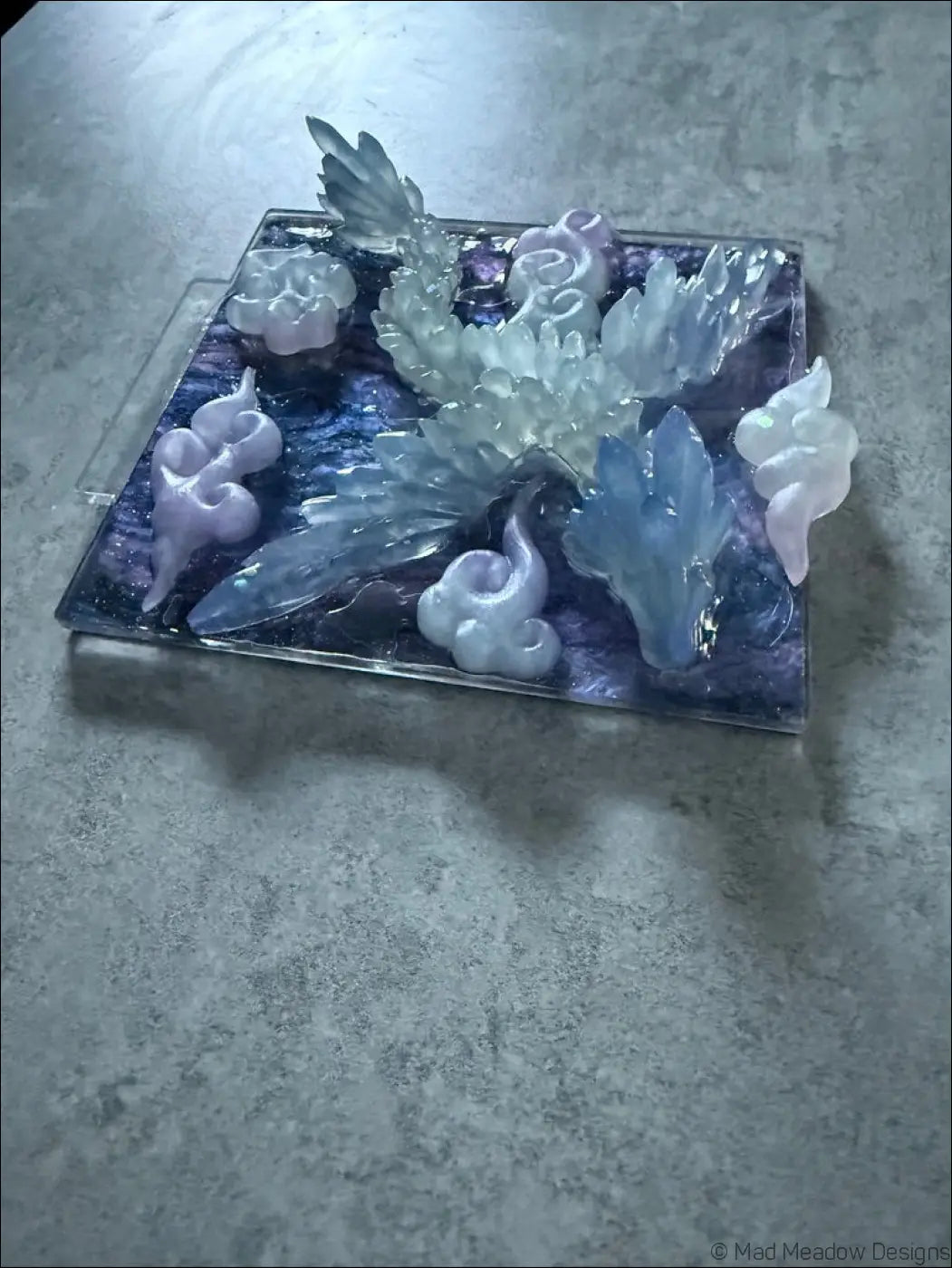 Glowing Resin Phoenix Sculpture with Night Sky and Purple Dragon Lighting - Light