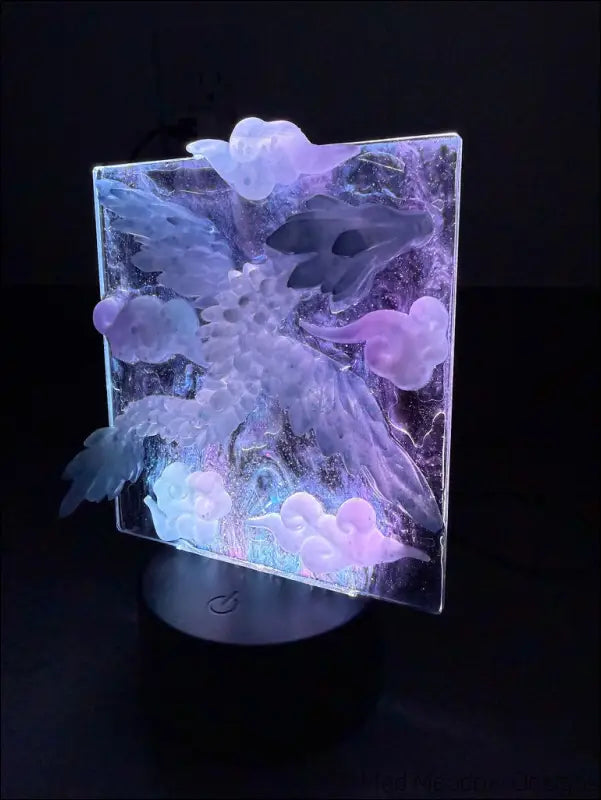 Glowing Resin Phoenix Sculpture with Night Sky and Purple Dragon Lighting - Light