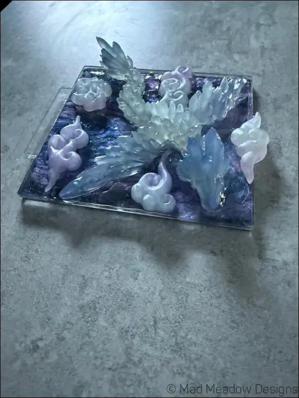 Glowing Resin Phoenix Sculpture with Night Sky and Purple Dragon Lighting - Light