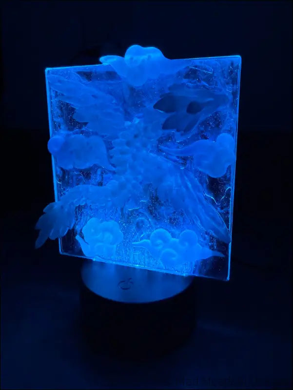 Glowing Resin Phoenix Sculpture with Night Sky and Purple Dragon Lighting - Light