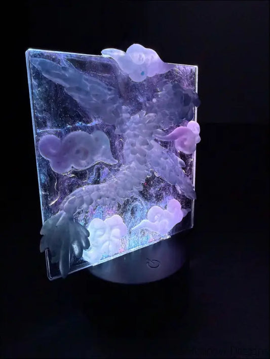 Glowing Resin Phoenix Sculpture with Night Sky and Purple Dragon Lighting - Light