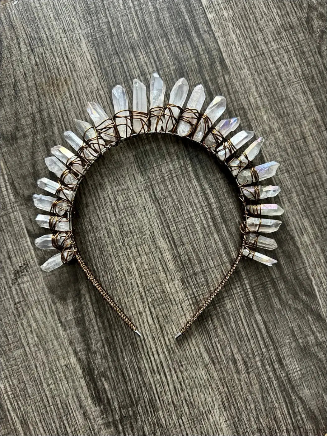 Clear faceted crystal goddess headband crown with a dark wire frame perfect for dark golden goddess looks