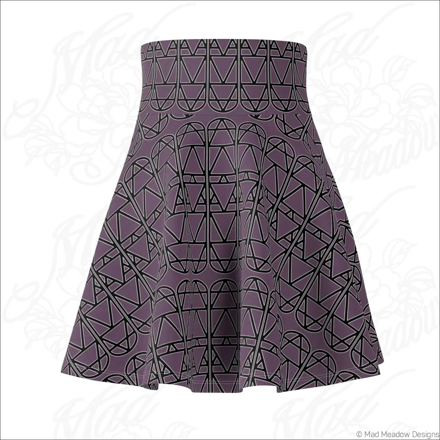 A deep purple skater skirt with a black geometric column repeat pattern care instructions suggest line dry