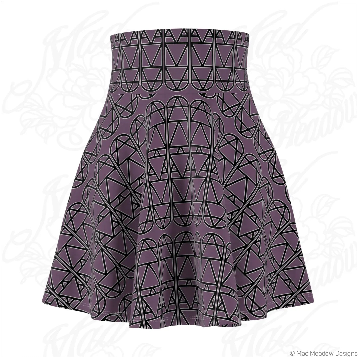 A deep purple high waisted skater skirt with black geometric elemental column pattern and hand wash care instructions