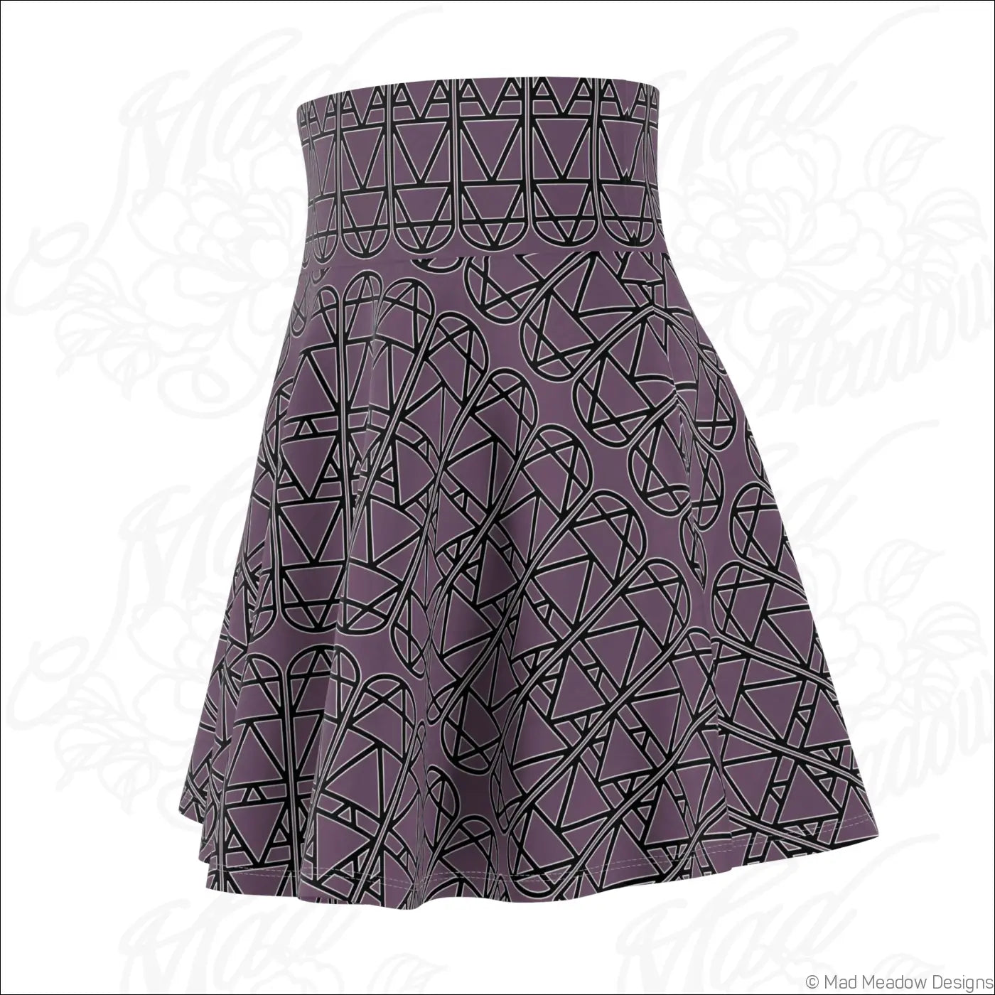 A deep purple skater skirt with a black geometric grape elemental column pattern hand wash care instructions included