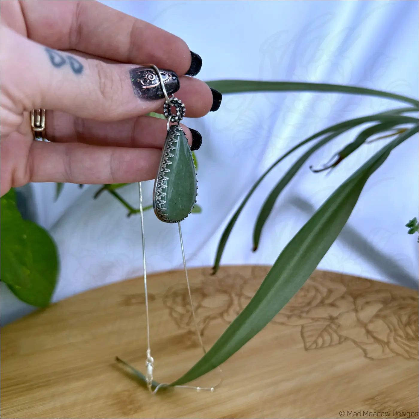 Green Aventurine Sterling Silver Drop Pendant Necklace on 18’’ Snake Chain - Jewelry