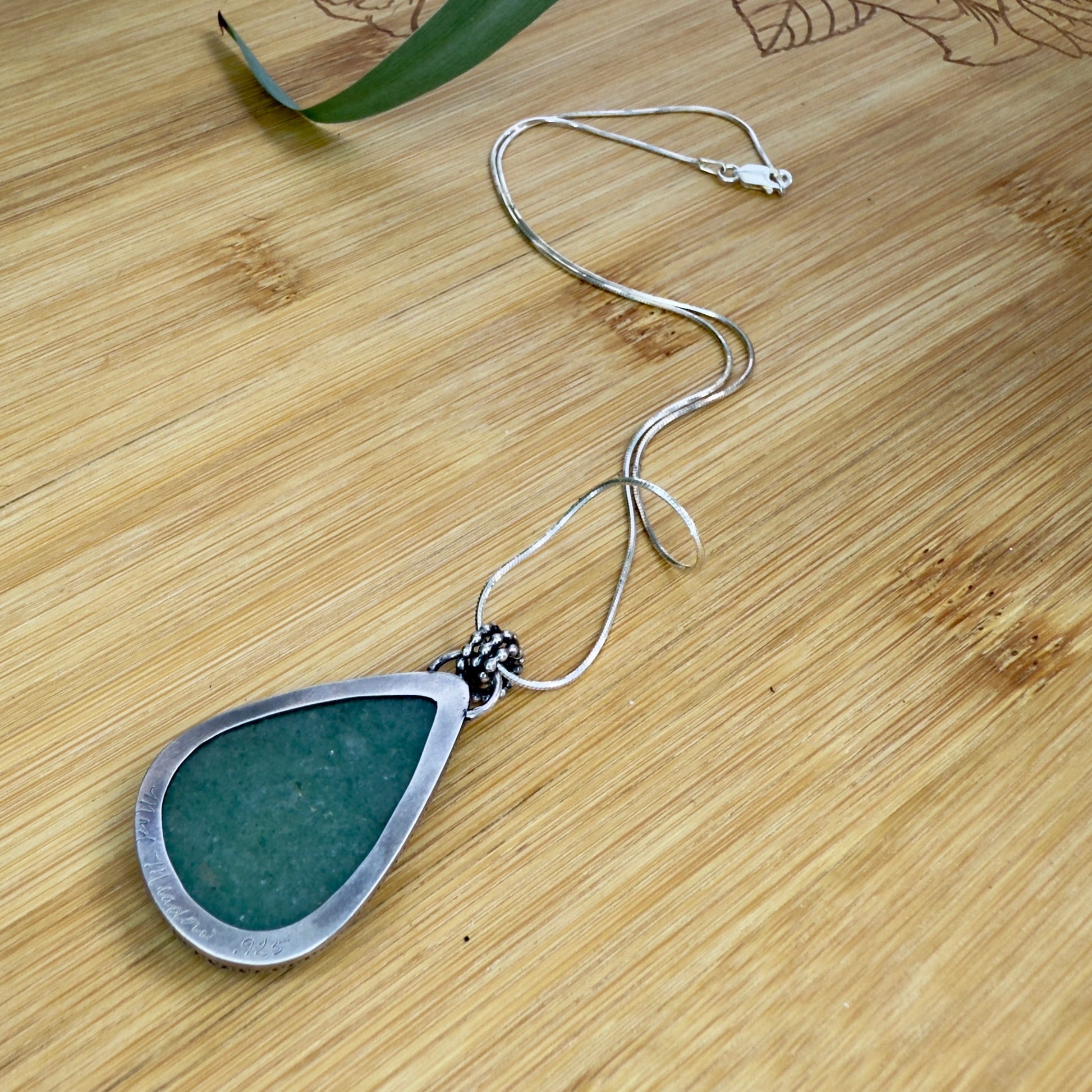 Green Aventurine Sterling Silver Drop Pendant Necklace on 18’’ Snake Chain - Jewelry