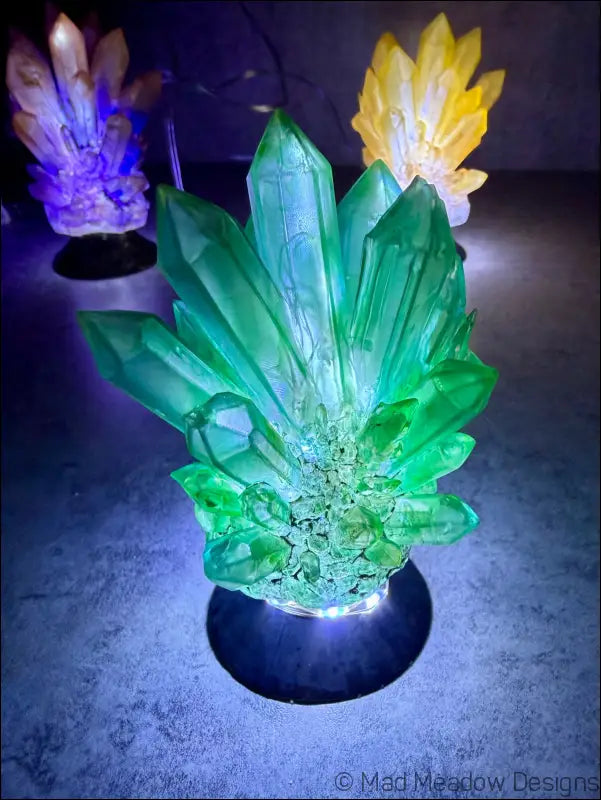 Hand-inked 3D Printed Crystal Cluster Night Light for a Mystical Sanctuary - Emerald Green - Light