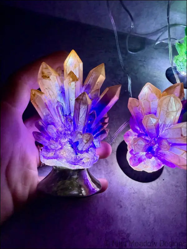 Hand-inked 3D Printed Crystal Cluster Night Light for a Mystical Sanctuary - Ametrine Purple & Yellow - Light