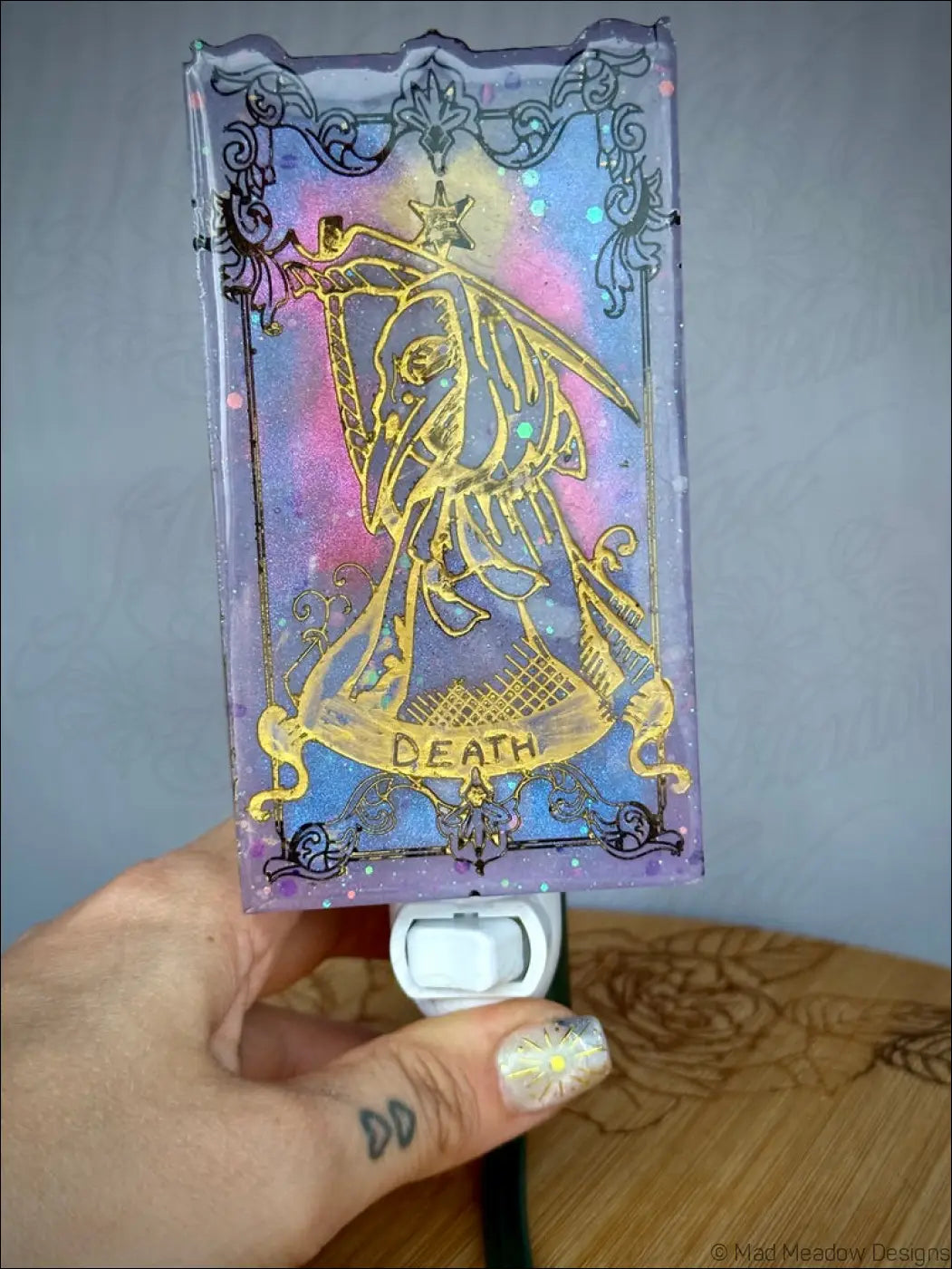 Translucent pastel purple iridescent death tarot resin wall night light with golden death card and glitter details