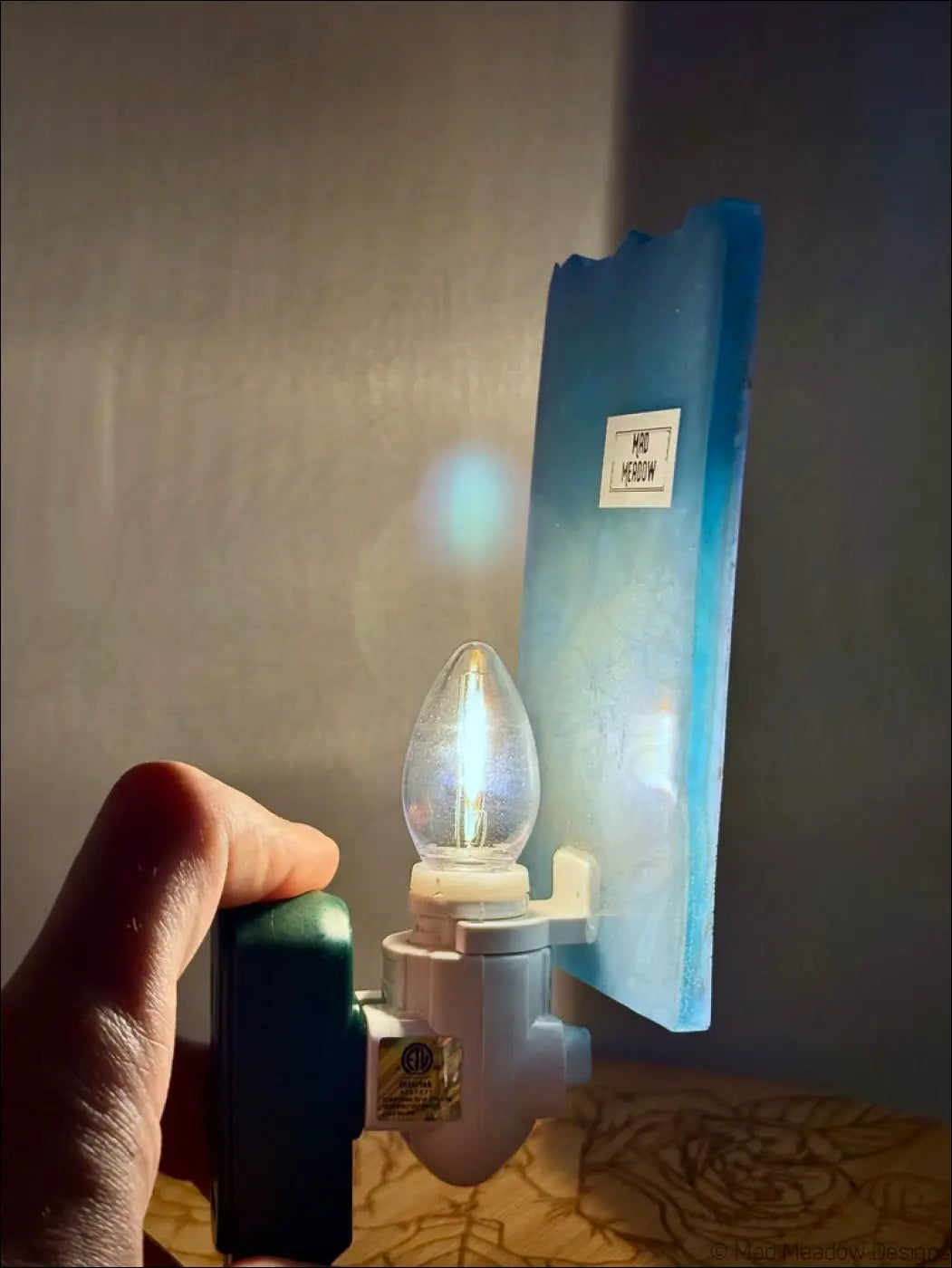 Blue frosted glass nightlight with clear bulb on white base for mesmerizing magician tarot resin wall decor