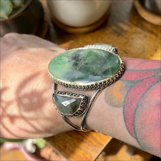 Serpentine and Labradorite Bold Witchy Sterling Silver and Brass Statement Cuff Bracelet - Jewelry