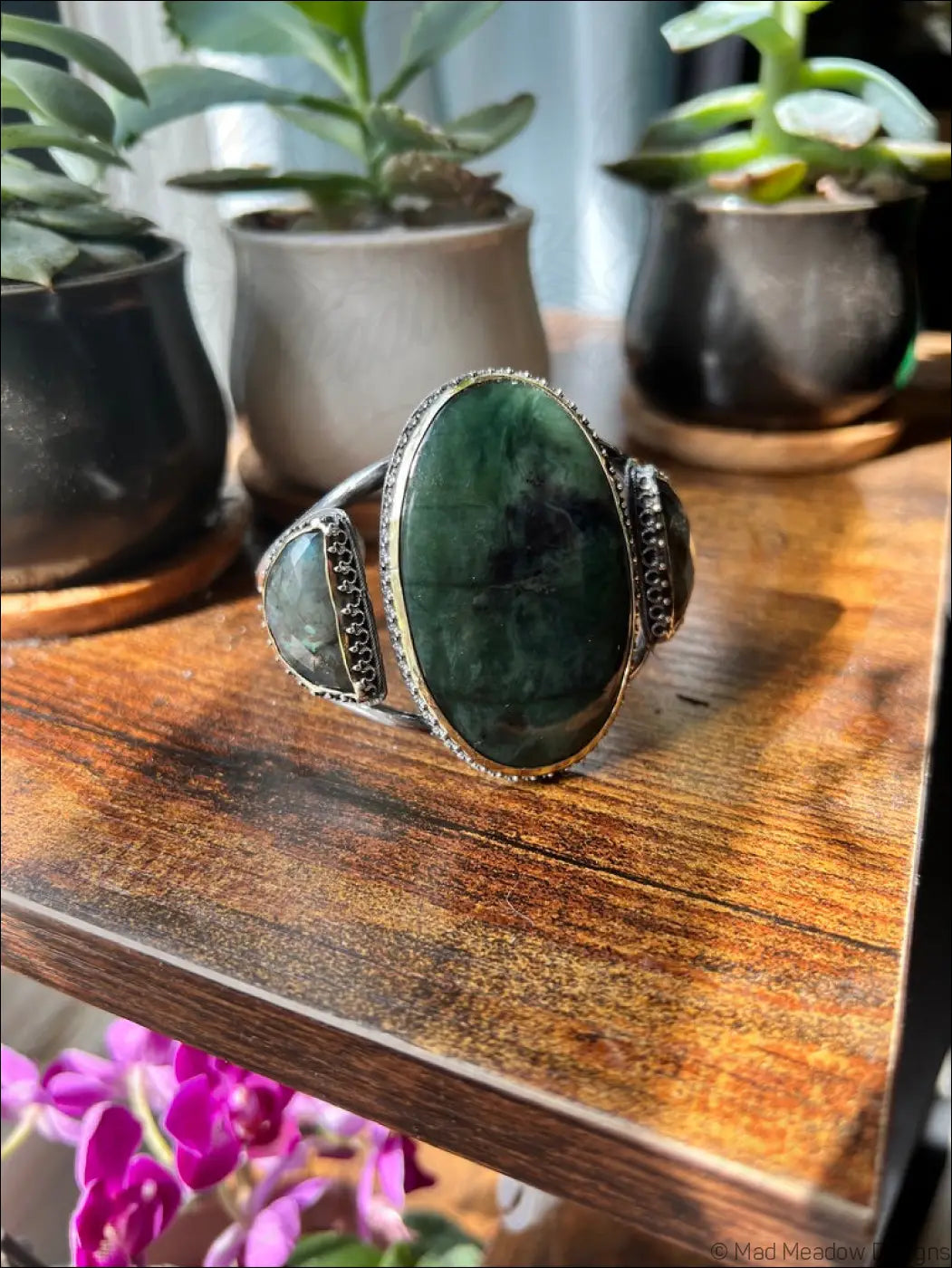 Serpentine and Labradorite Bold Witchy Sterling Silver and Brass Statement Cuff Bracelet - Jewelry