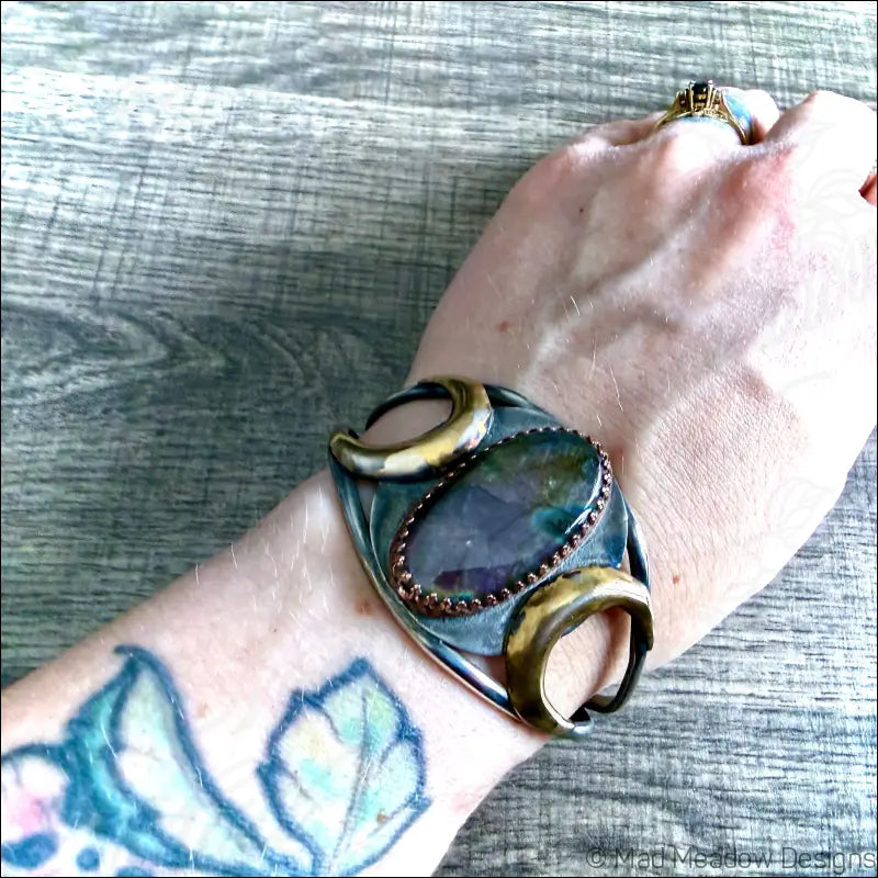 Labradorite Bold Witchy Sterling Silver Cuff Bracelet with Moons - Jewelry