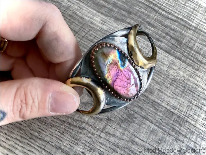 Labradorite Bold Witchy Sterling Silver Cuff Bracelet with Moons - Jewelry