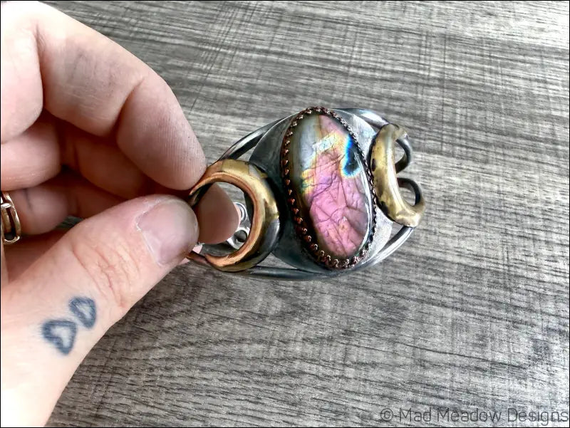 Labradorite Bold Witchy Sterling Silver Cuff Bracelet with Moons - Jewelry