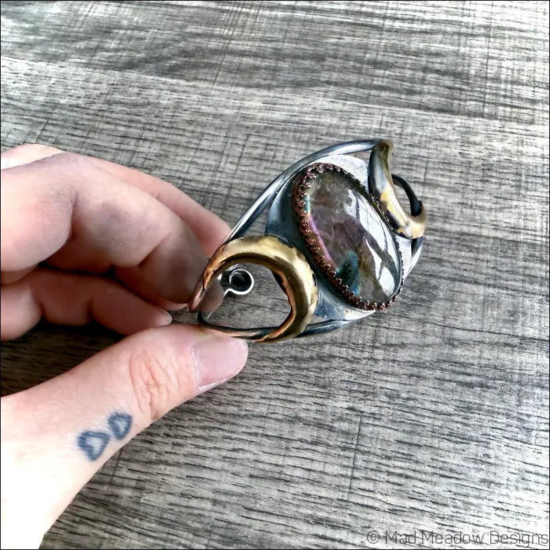 Labradorite Bold Witchy Sterling Silver Cuff Bracelet with Moons - Jewelry