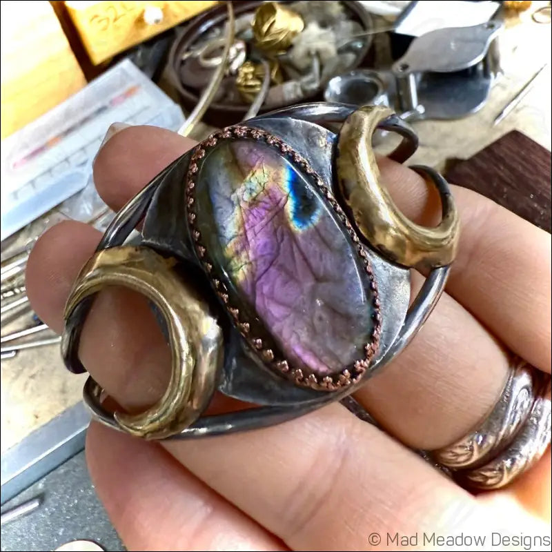 Labradorite Bold Witchy Sterling Silver Cuff Bracelet with Moons - Jewelry