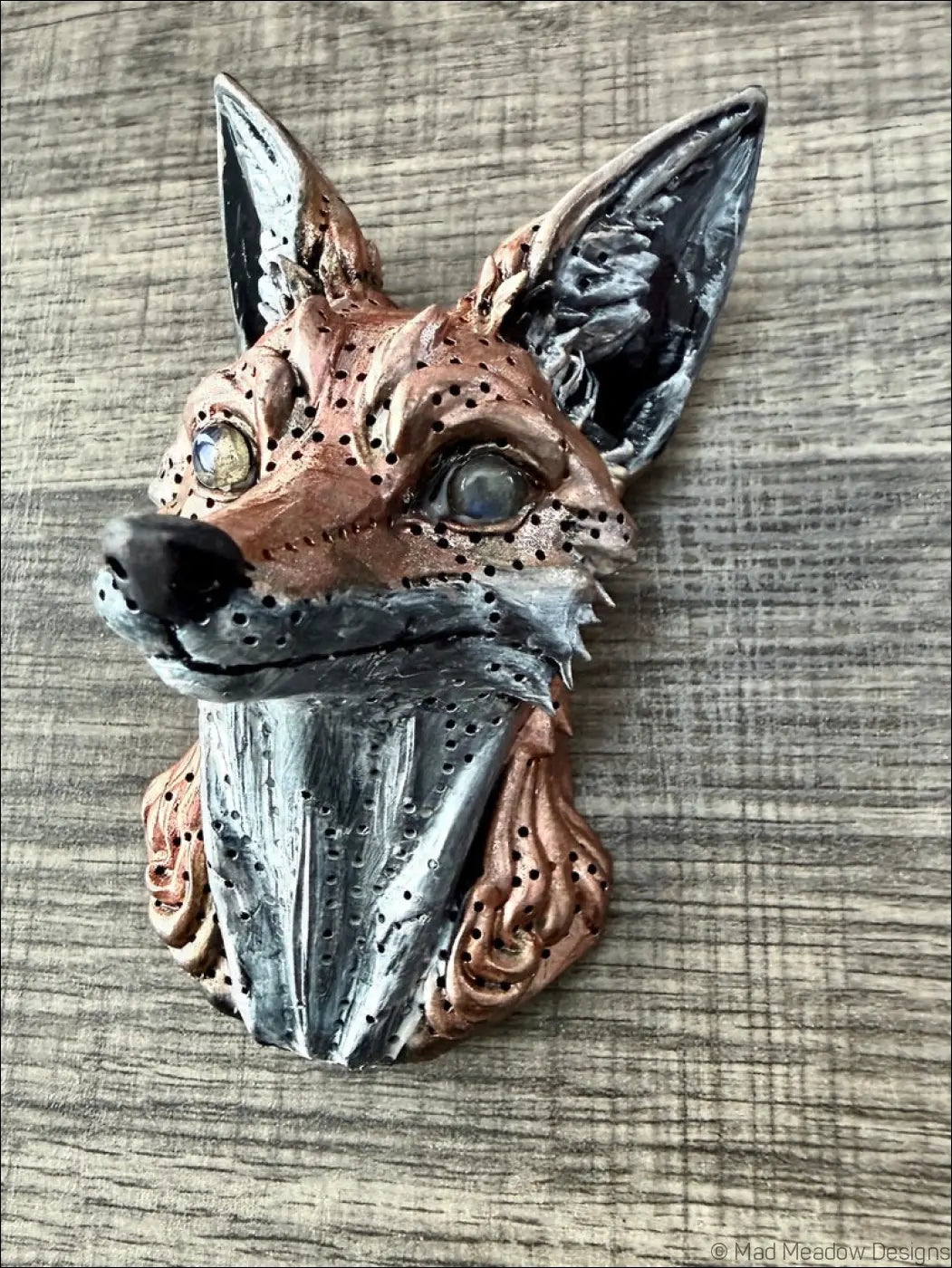 Detailed copper and silver red fox wall sculpture with textured features and natural labradorite eyes 3d printed